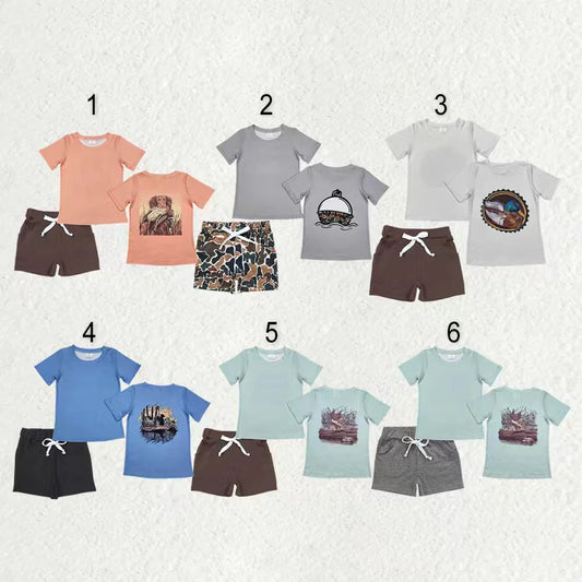 12.18 RTS Sibling Baby Boys Short Sleeve Back Ducks Dogs Fishing Top Pockets Shorts Hunting Clothes Sets