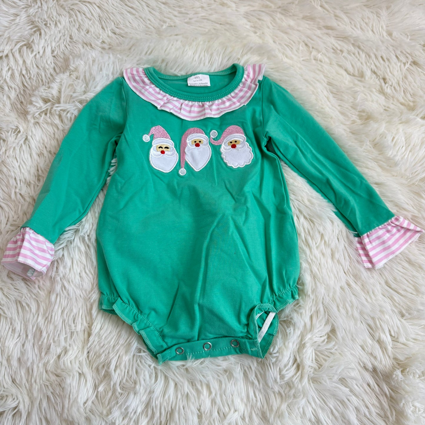 11.27 RST LR2411 Embroidery Baby Girls Green Christams Santa Ruffle Rompers