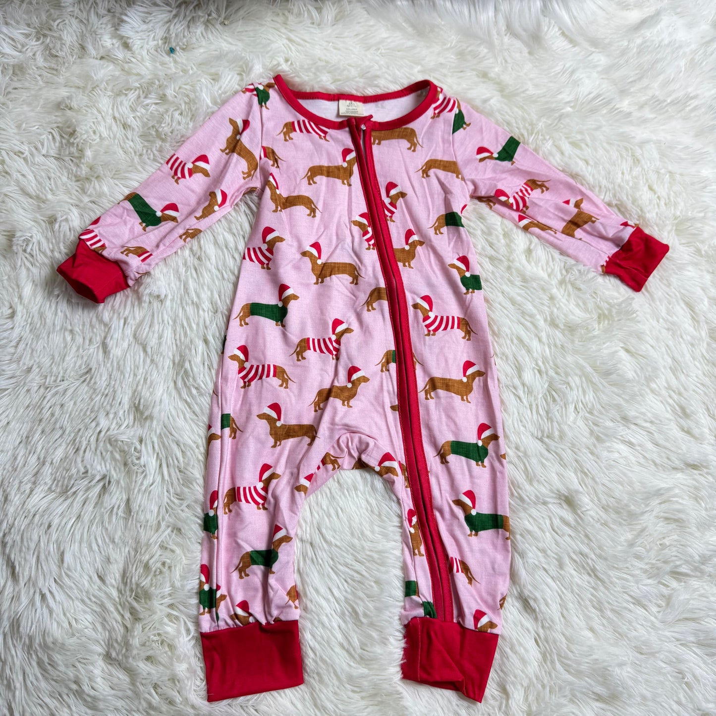 12.4 RST LR1081 Baby Infant Girls Pink Christmas Dachshund Dogs Bamboo Zip Rompers
