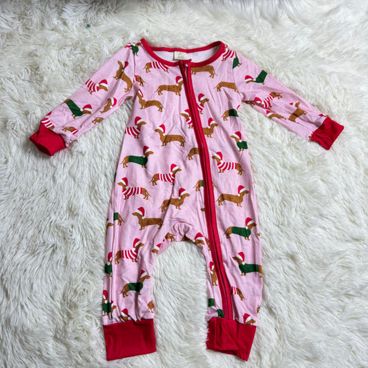 12.4 RST LR1081 Baby Infant Girls Pink Christmas Dachshund Dogs Bamboo Zip Rompers