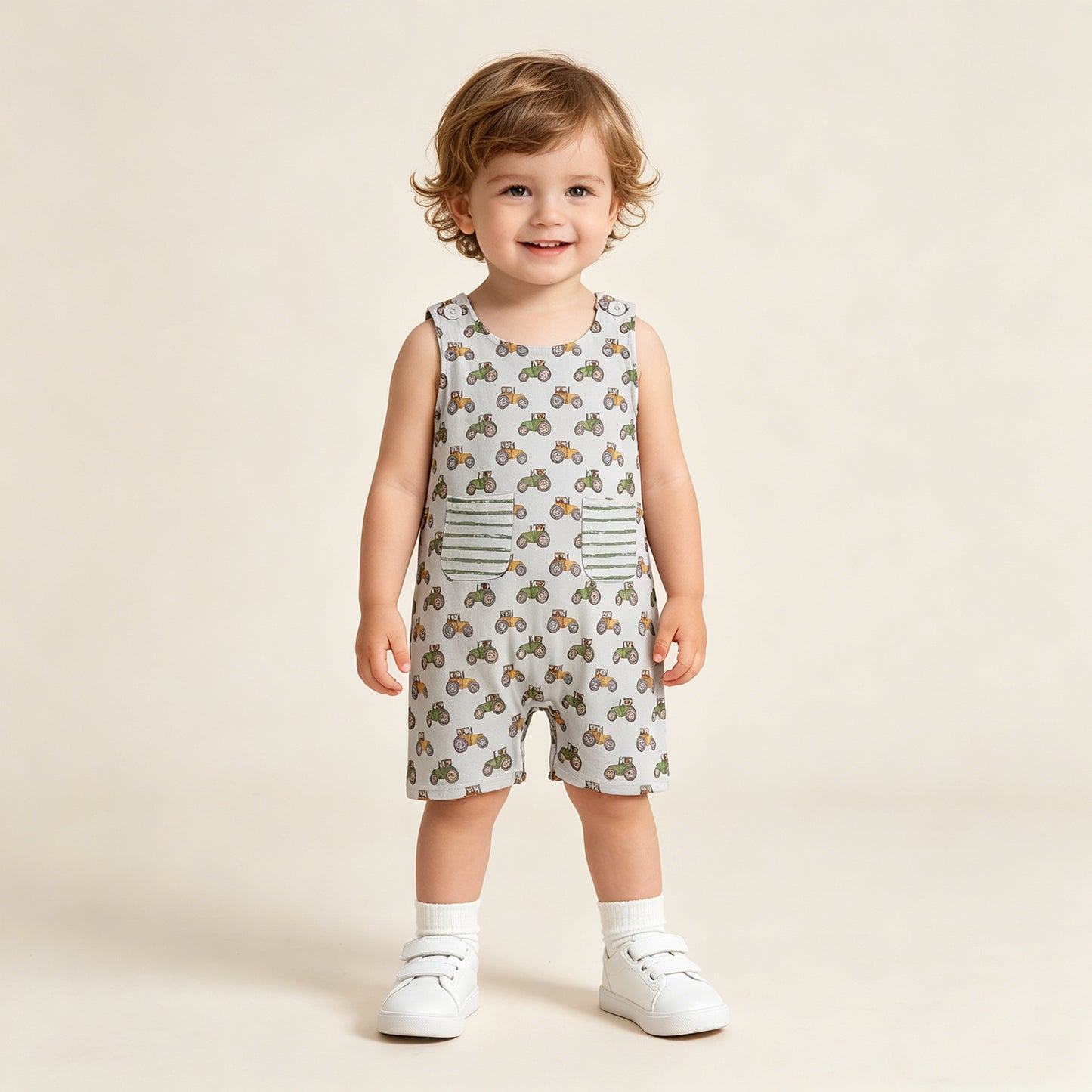 SR1586 RTS NO MOQ （In stockSleeveless tractor stripe pocket baby boy romper