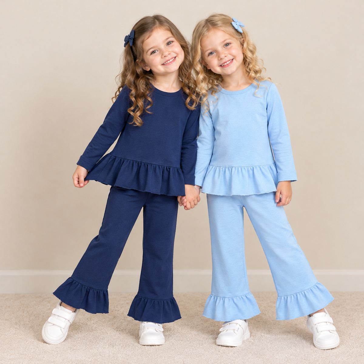 RTS NO MOQ Sibling cotton Baby Girls Solid Color Ruffle Peplum Long Sleeve Top And Flare Pant Set