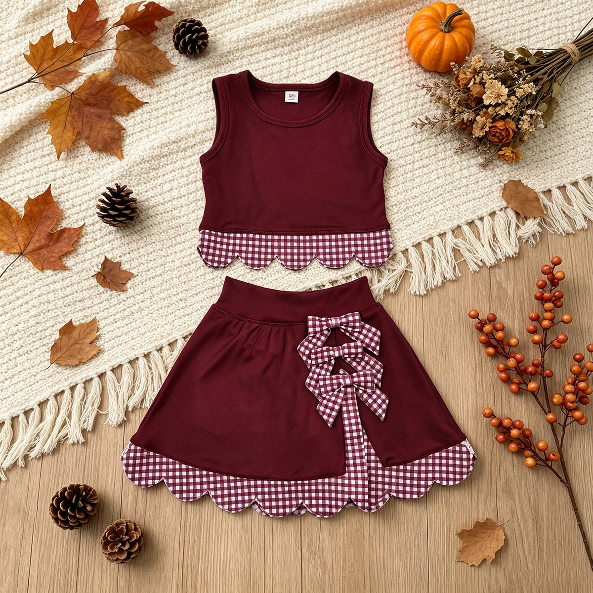 RTS NO MOQ （In stock）GSD4266 Yoga Sleeveless maroon plaid scallop girls summer active wear set