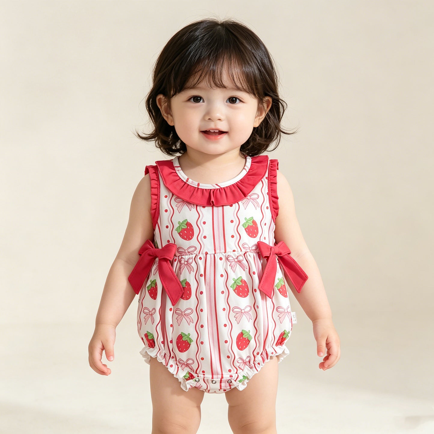 4.13 SR4011 RTS NO MOQ （In stock）Sleeveless strawberry bow baby girls summer romper