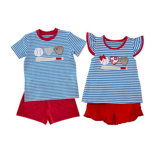 Girls Blue Stripe Baseball Top with Red Ruffle Shorts Outfit Set Casual Comfortable Clothing for Kids