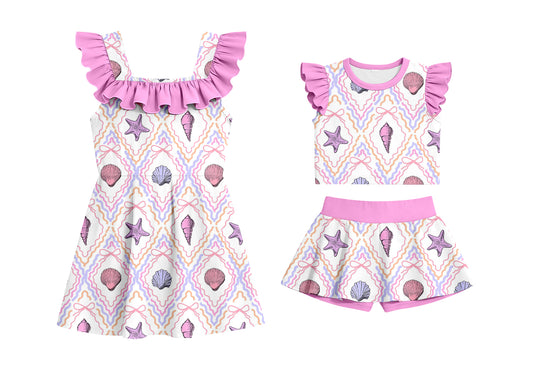 CUSTOM MOQ 5 Sibling Baby Girls Sleeveless Star Shell Shorts Set Knee Length Dresses