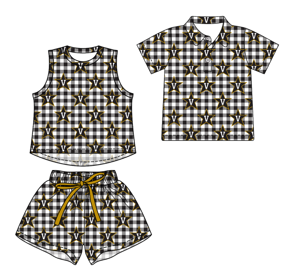 3.13 CUSTOM MOQ 5 Sibling Boys Baby Girls Summer Fashion Black Check V Sleeveless Top Shorts Button Polo Shirts Team Clothes Sets