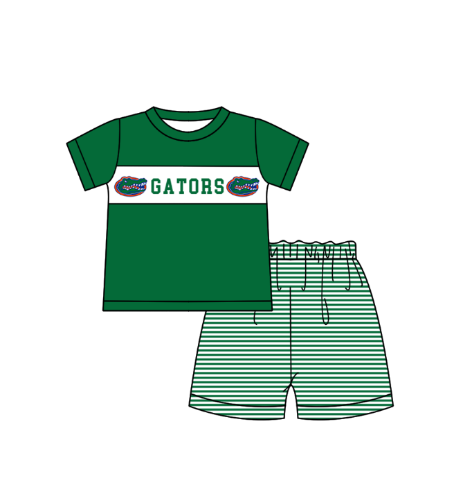 CUSTOM MOQ 5 Sibling Baby Kids Green Stripe Top Ruffles Shorts Clothes Set Knee Length Dress Rompers