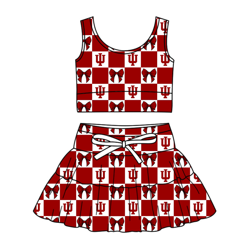 CUSTOM MOQ 5 Sibing Kids Clothing for Girls Baby Girls Blue Bow Top Skirts Yoga Active Team Clothes Sets Knee Length Dress Shorts