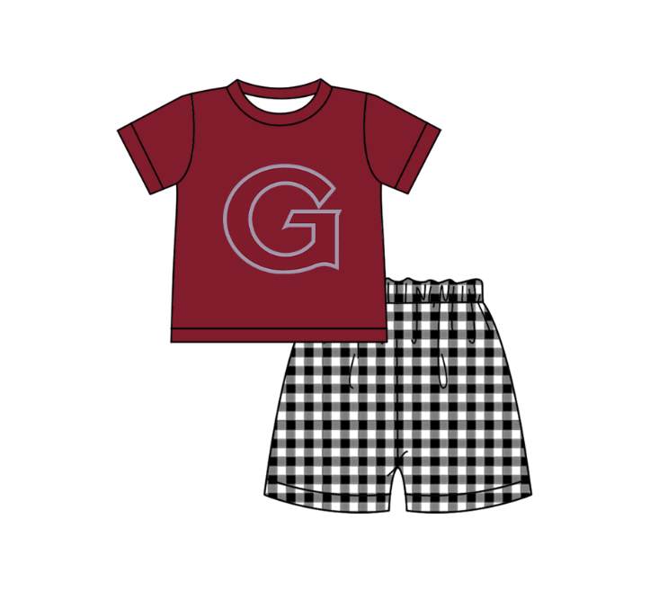 3.6 CUSTOM MOQ 5 Sibling Boys Baby Girls Dark Red G Checked Top Shorts Clothes Set Knee Length Dress Rompers