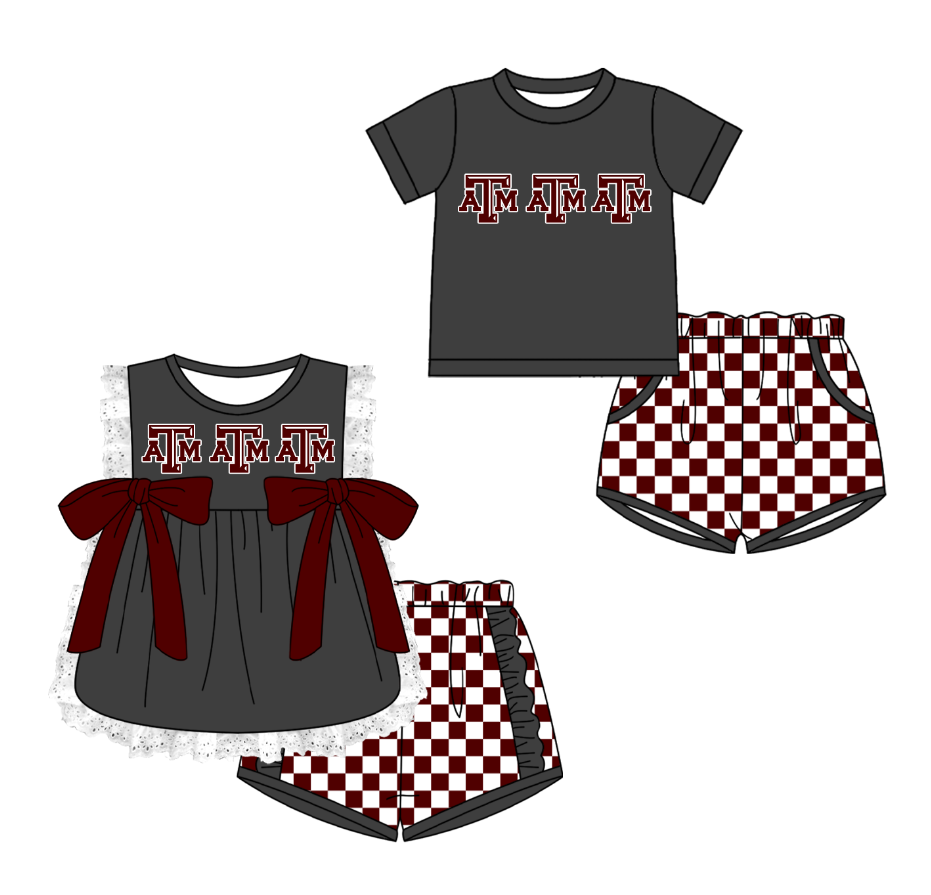 CUSTOM MOQ 5 Cute Comfortable Clothing For Kids Sibling Boys Baby Girls Summer Gray ATM Top Checked Shorts Team Clothes Sets