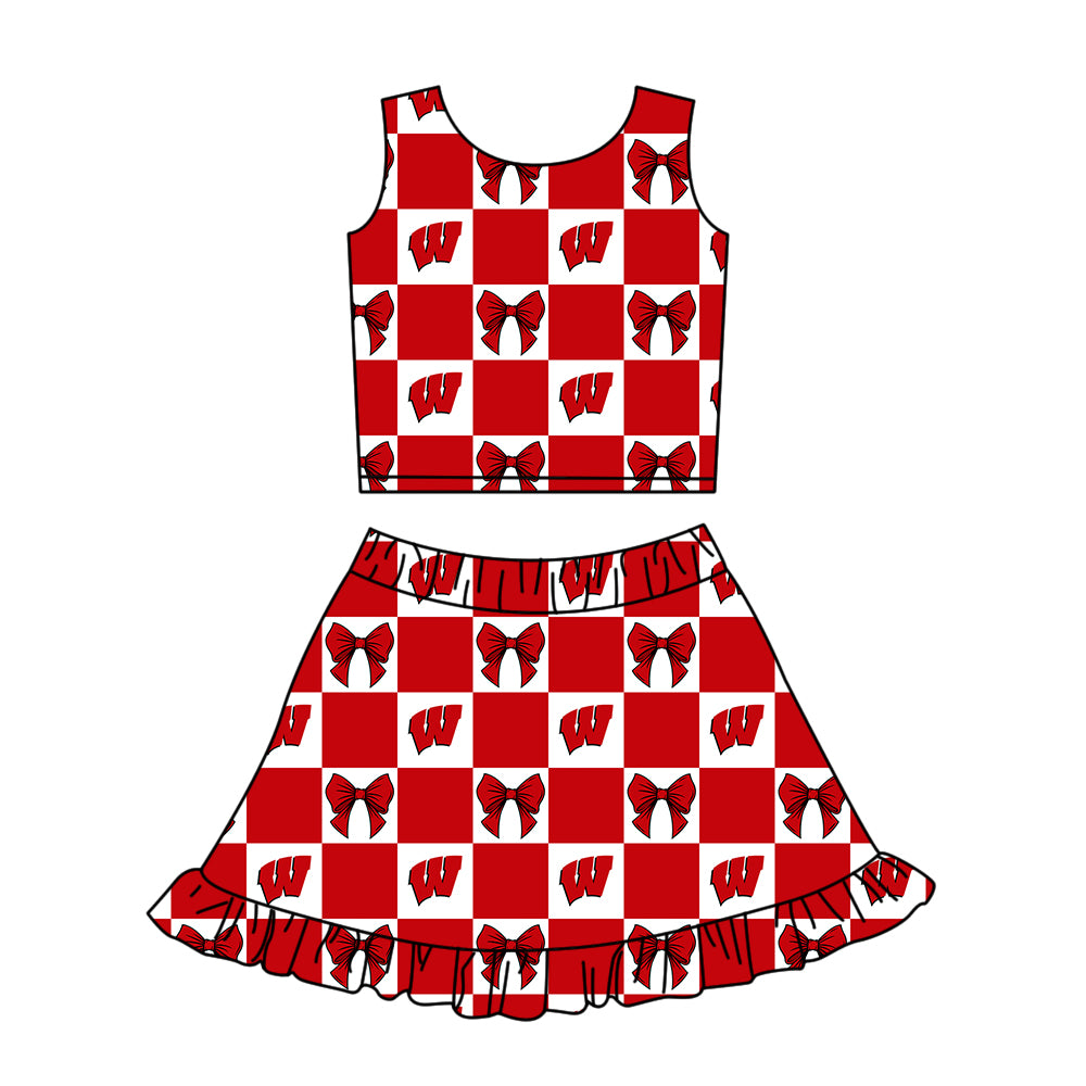 CUSTOM MOQ 5 Sibing Kids Clothing for Girls Baby Girls Red W Bow Top Skirts Yoga Active Team Clothes Sets Knee Length Dress Shorts