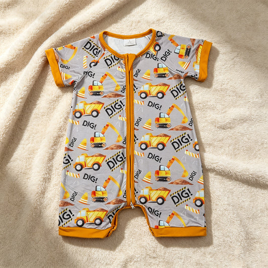 SR0844 RTS NO MOQ （In stock）Short sleeves dig excavator baby boy zipper romper