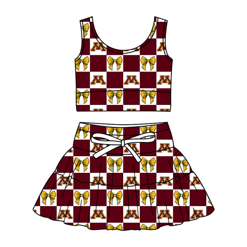 CUSTOM MOQ 5 Sibing Kids Clothing for Girls Baby Girls Dark Red M Bow Top Skirts Yoga Active Team Clothes Sets Knee Length Dress Shorts