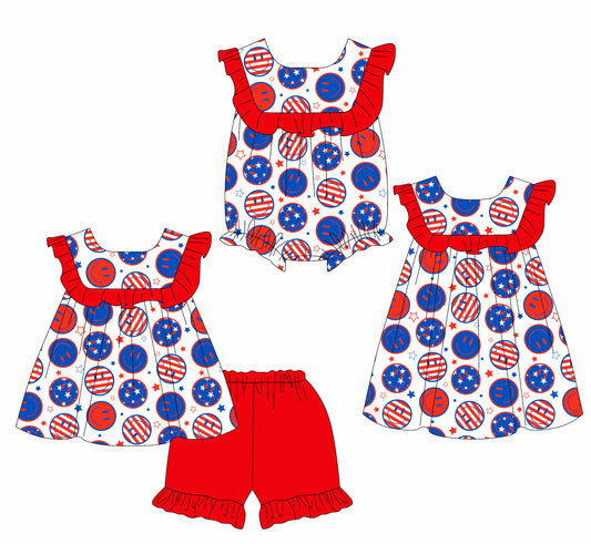 Kids Girls Red Ruffle Stars & Stripes Smiley 4th of July Outfit Set - Patriotic Clothing for Children's Events