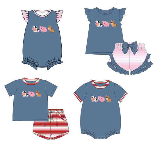 Baby Boys Navy Short Sleeves Pig Cow Top Red Stripes Pockets Short Farm Set