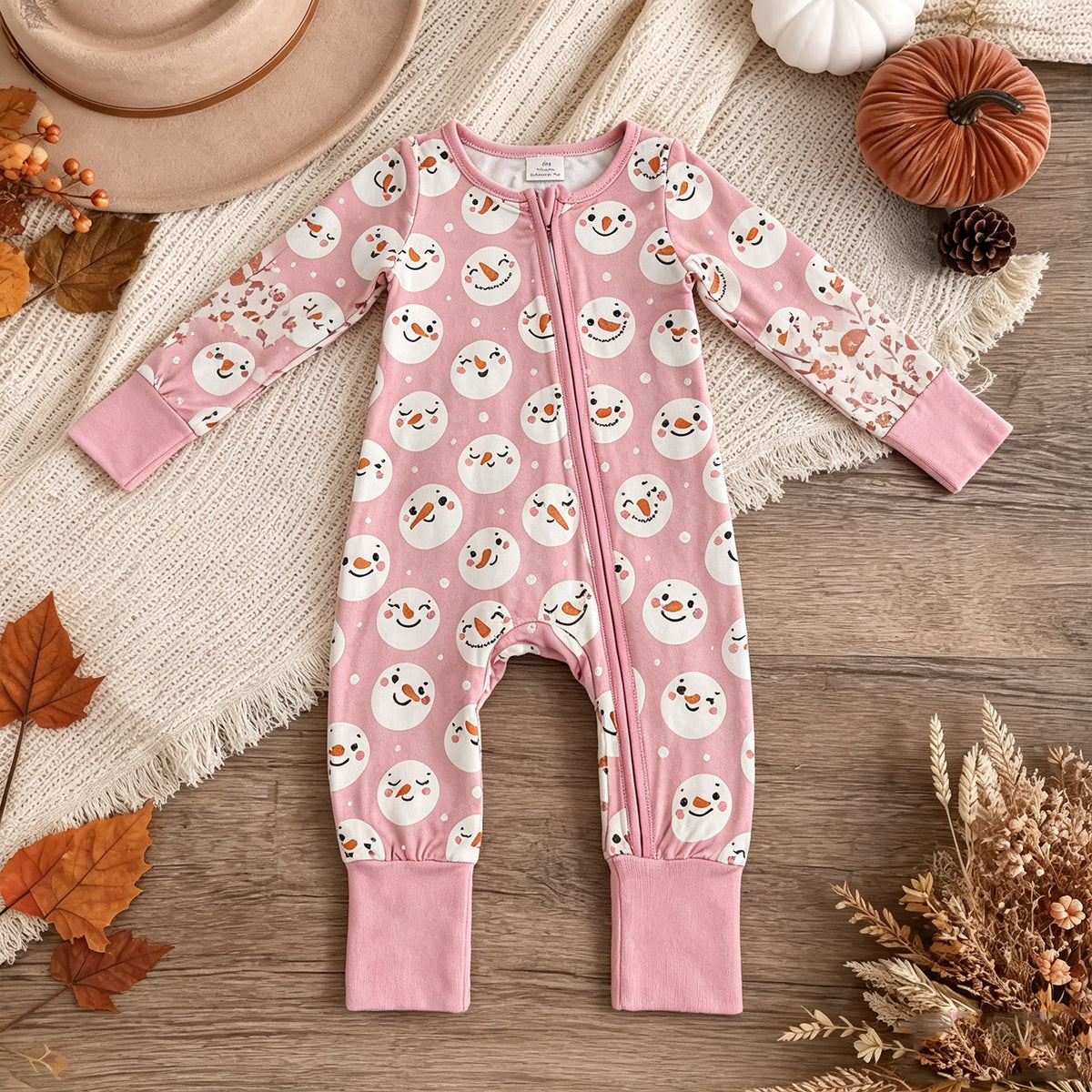 RTS NO MOQ （In stock）milk silk LR3165 Baby Girls Pink Snowmen Christmas Two Way Zip Convertible Rompers