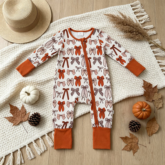 RTS NO MOQ （In stock）LR3158 Baby Girls Bows Plaid Fall Two Way Zip Convertible Rompers