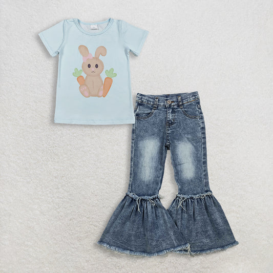 3.6 RTS NO MOQ （In stock）GT1395 + P0676 Baby Girls Short Sleeve Rabbits Carrots Easter T-shirts Top Denim Pants Jeans Clothes Sets