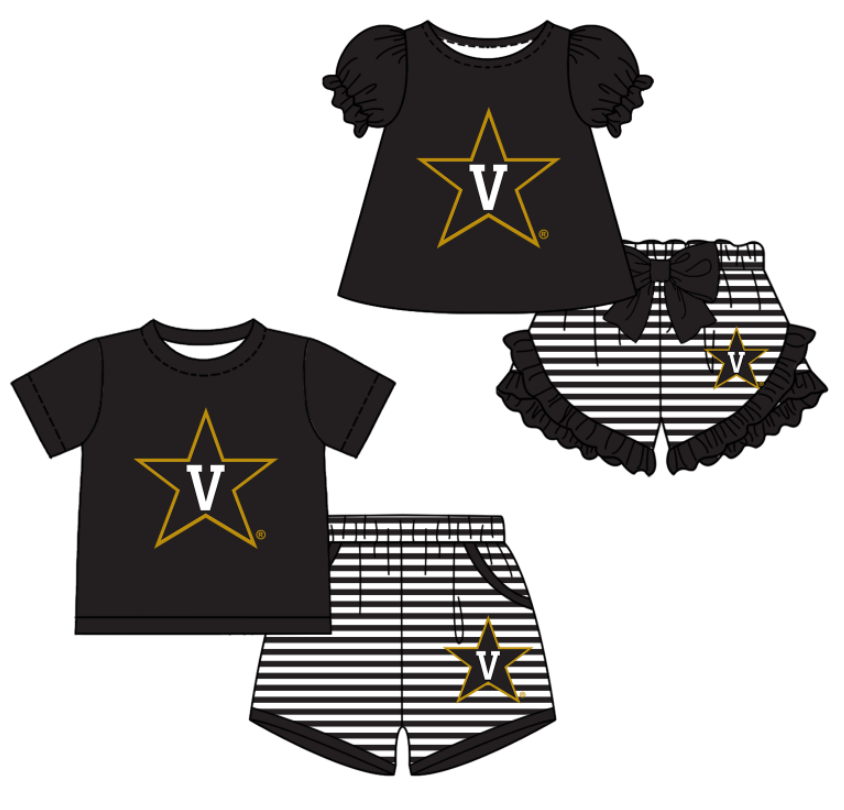 CUSTOM MOQ 5 Sibling Boys Baby Girls Black V Top Stripe Shorts Clothes Sets