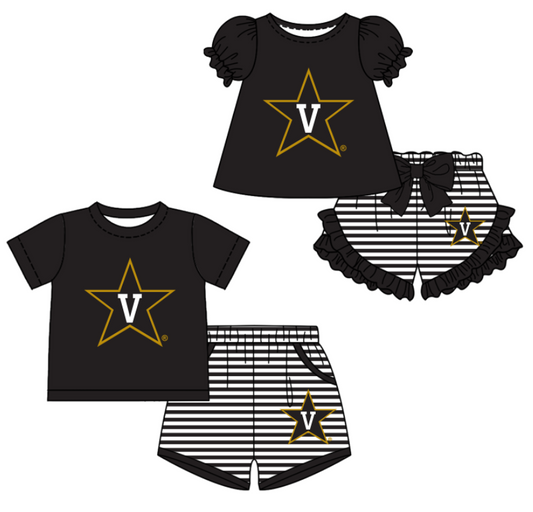 CUSTOM MOQ 5 Sibling Boys Baby Girls Black V Top Stripe Shorts Clothes Sets