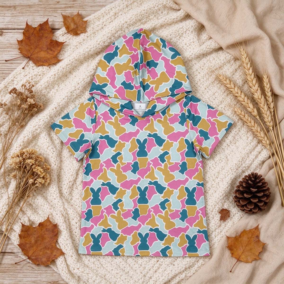 RTS NO MOQ （In stock）milk silk GT1919 Baby Girls Yellow Pink Camo With Rabbit Print Easter Short Sleeve Hoodies Top
