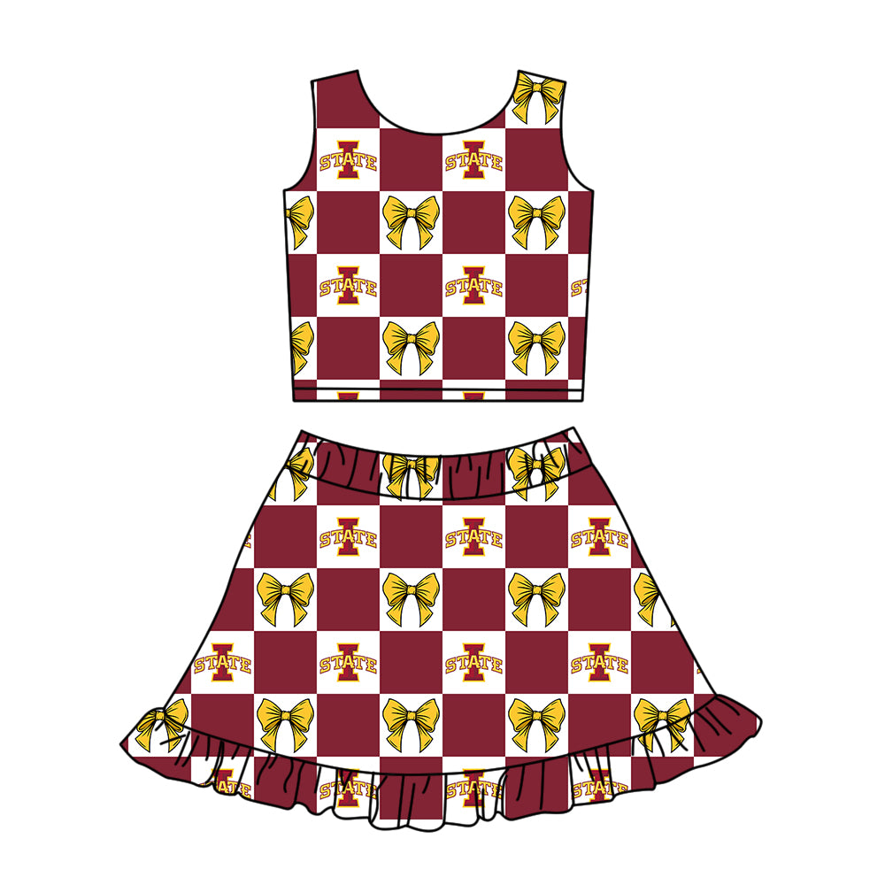 CUSTOM MOQ 5 Sibing Kids Clothing for Girls Baby Girls Dark Red I Bow Top Skirts Yoga Active Team Clothes Sets Knee Length Dress Shorts