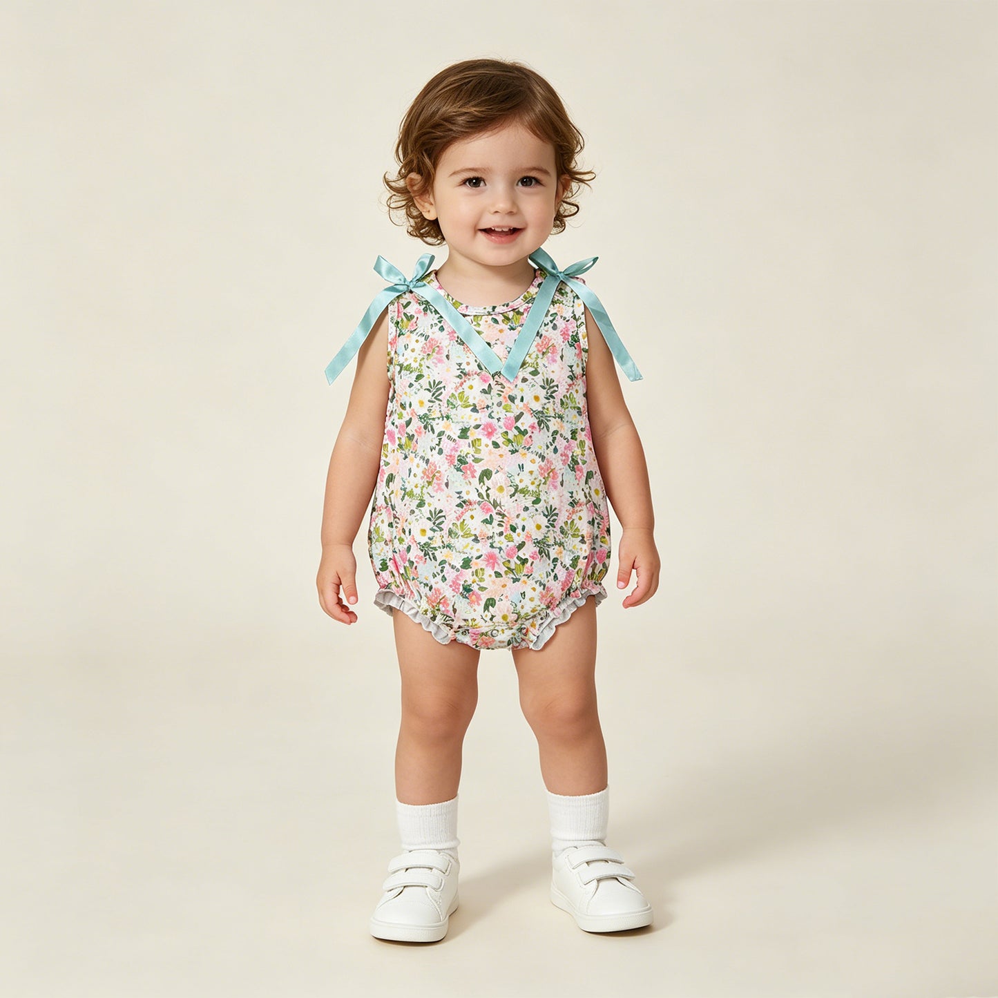 SR4111 RTS NO MOQ （In stock）Sleeveless pink floral baby girls summer romper Ruffle Rompers（副本）