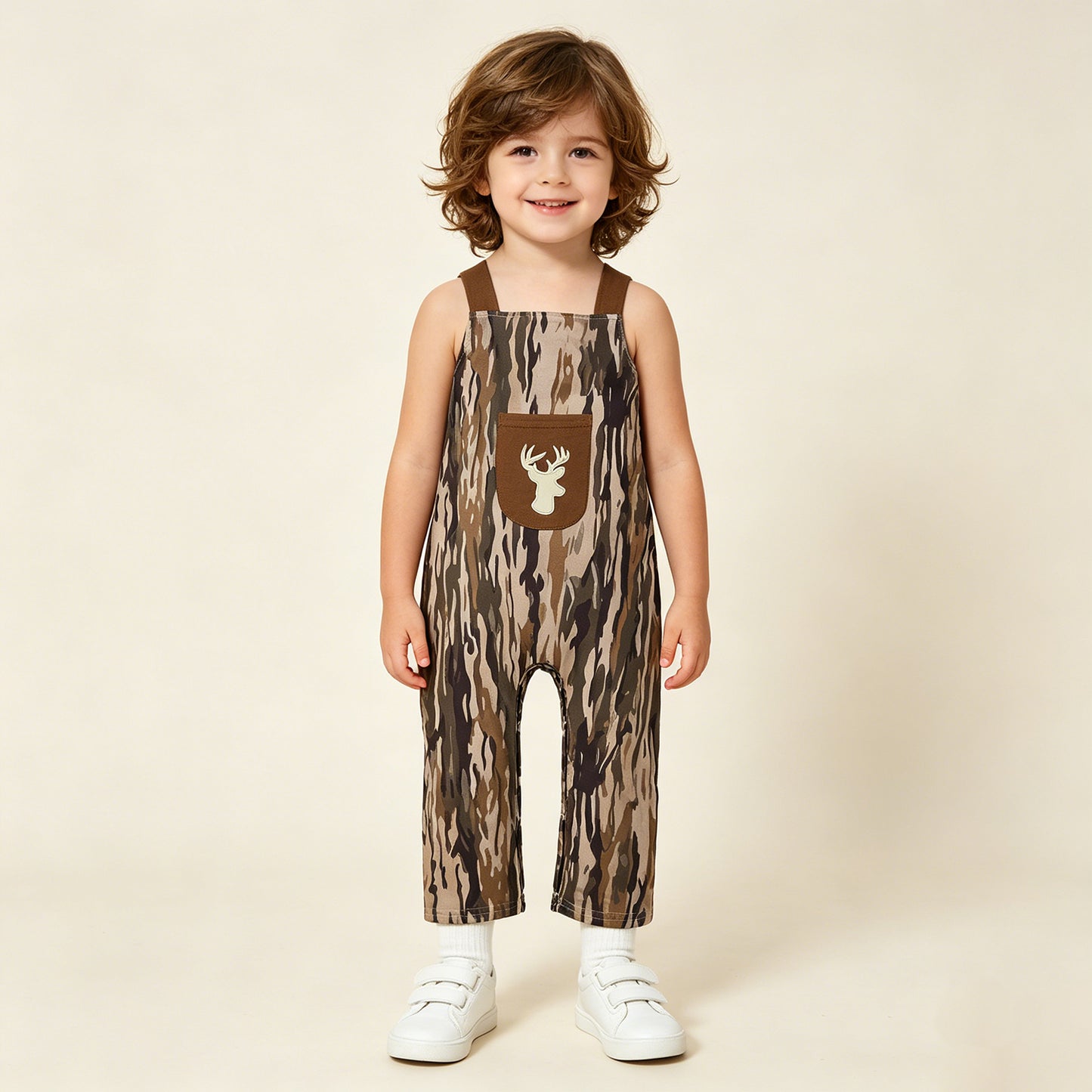 SR4048 RTS NO MOQ （In stock）Brown straps deer embroidery pocket camo baby boy jumpsuit