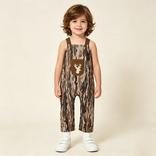 SR4048 RTS NO MOQ （In stock）Brown straps deer embroidery pocket camo baby boy jumpsuit