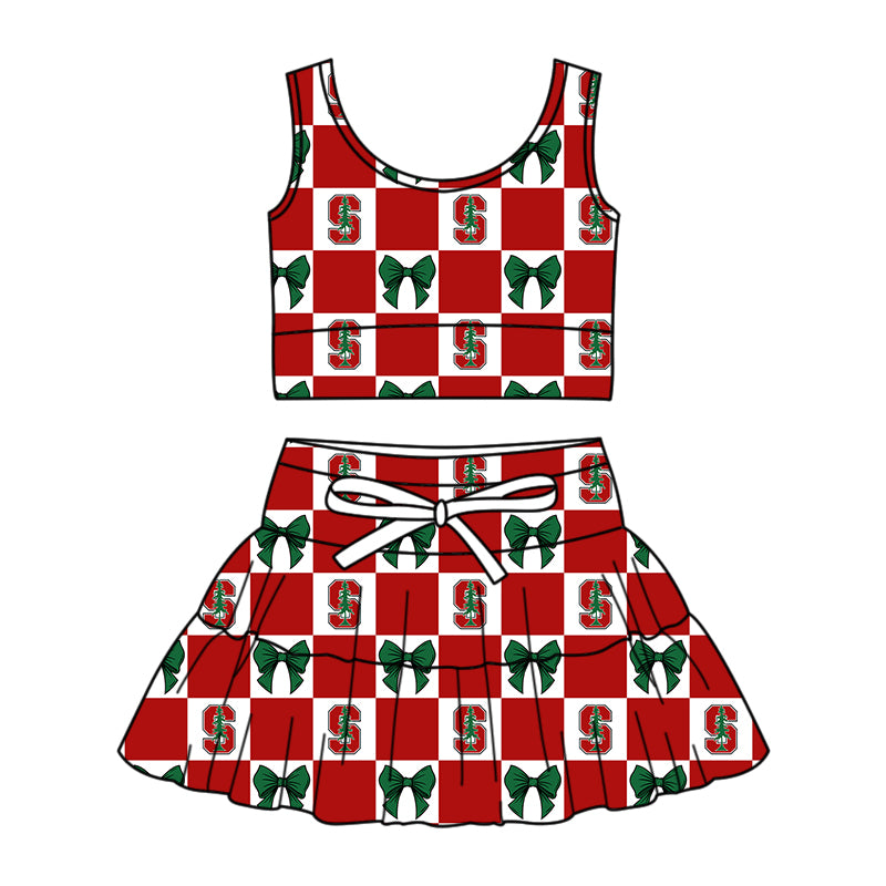 CUSTOM MOQ 5 Sibing Kids Clothing for Girls Baby Girls Red S Bow Top Skirts Yoga Active Team Clothes Sets Knee Length Dress Shorts