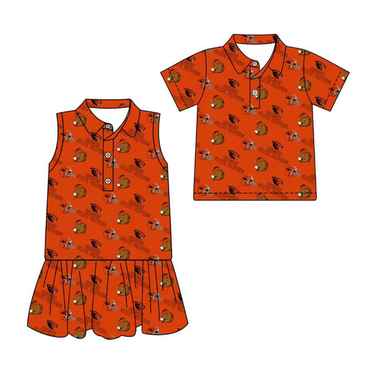 3.17 CUSTOM MOQ 5 Sibling Boys Baby Girls Summer Fashion Short Sleeve Orange Button Polo Shirts Sleeveless Dress Team Clothes Sets