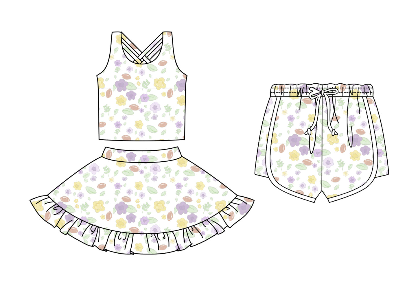 CUSTOM MOQ 5 Sibling Baby Girls Sleeveless Baseball Flowers Skirt Bottom Shorts Yoga Active Clothes Sets