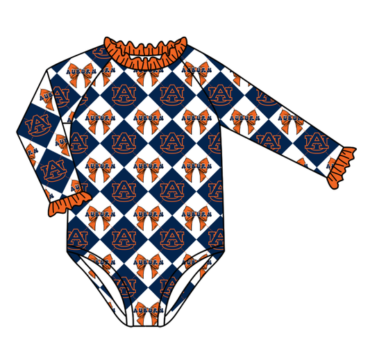CUSTOM MOQ 5 Baby Girl Clothes Dark Blue Bow Plaid Team Long Sleeve Swimsuit