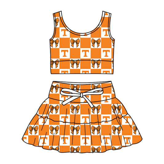 CUSTOM MOQ 5 Kids Clothing for Girls Baby Girls Orange T Bow Top Skirts Yoga Active Team Clothes Sets