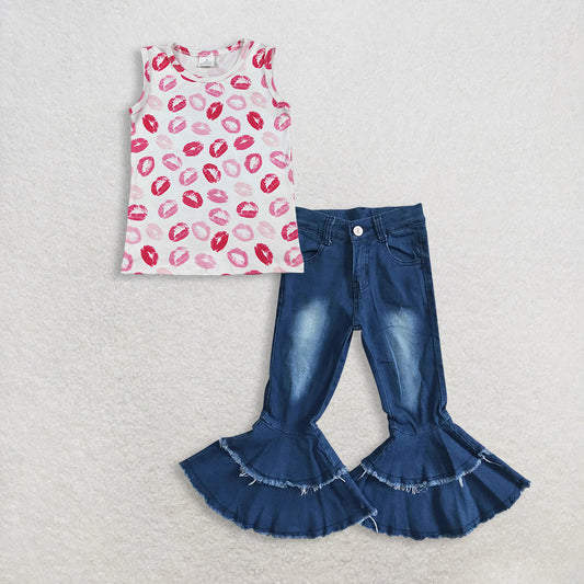 3.2 RTS NO MOQ （In stock）GT1419 + P0003 Summer Baby Girls Red Sleeveless Shirt Denim Jeans Pants Clothes Sets