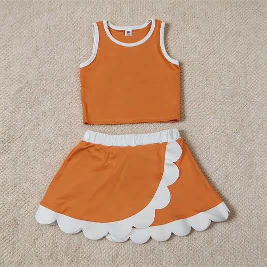 GSD4033 RTS NO MOQ （In stock） Sleeveless orange white scallop girls team active wear set