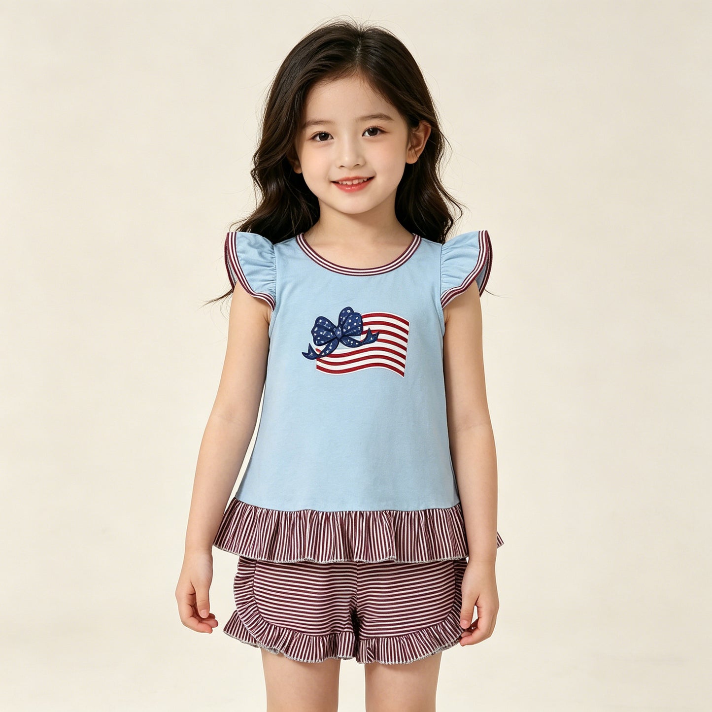 4.11 GSSO3278 RTS NO MOQ （In stock ）Flutter sleeves flag bow stripe shorts girls 4th of july outfit