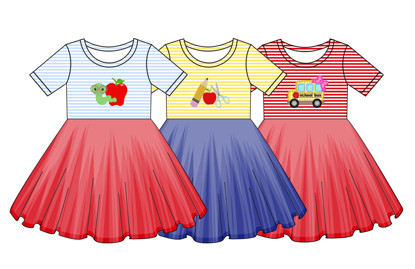 Girls Yellow Stripe Apple Pencil Back to School Dress Tulle Skirt Casual Kids Fashion