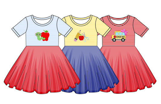 Girls Yellow Stripe Apple Pencil Back to School Dress Tulle Skirt Casual Kids Fashion