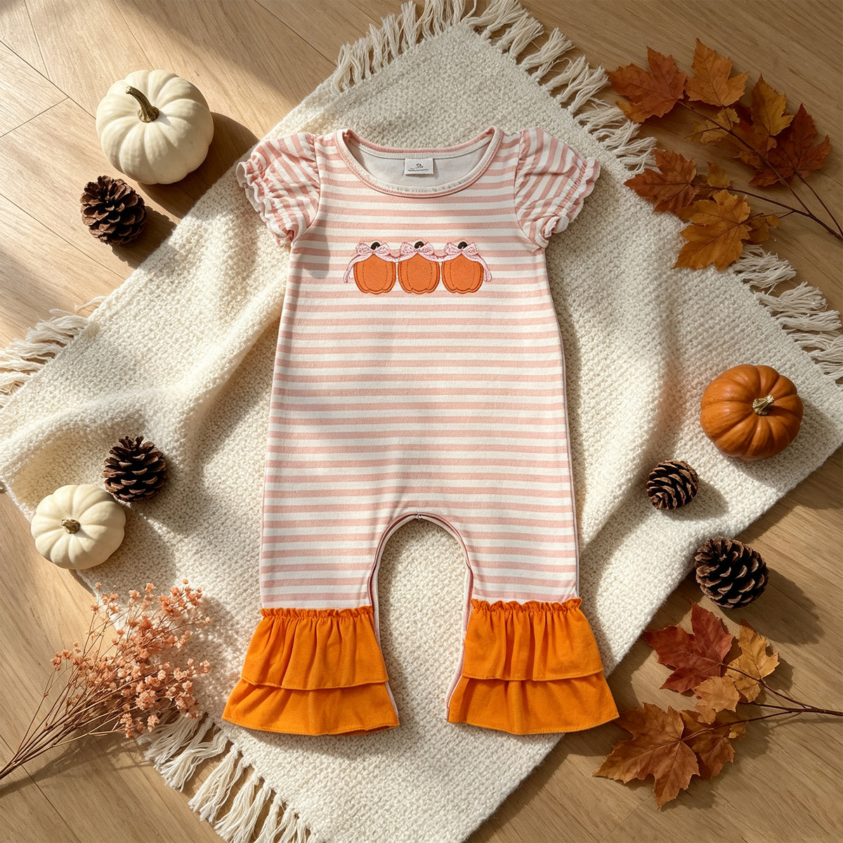 RTS NO MOQ （In stock）milk silk SR4284 Embroidery Bows Pumpkins Baby Girls Orange Stripe Fall Ruffle Pant Rompers