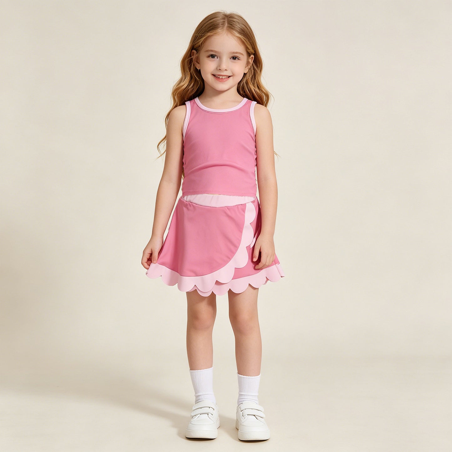 GSD4063 RTS NO MOQ （In stock）Baby Girls Sleeveless Pink Vest Scallop Skirt Short Yoga Active Clothes Set