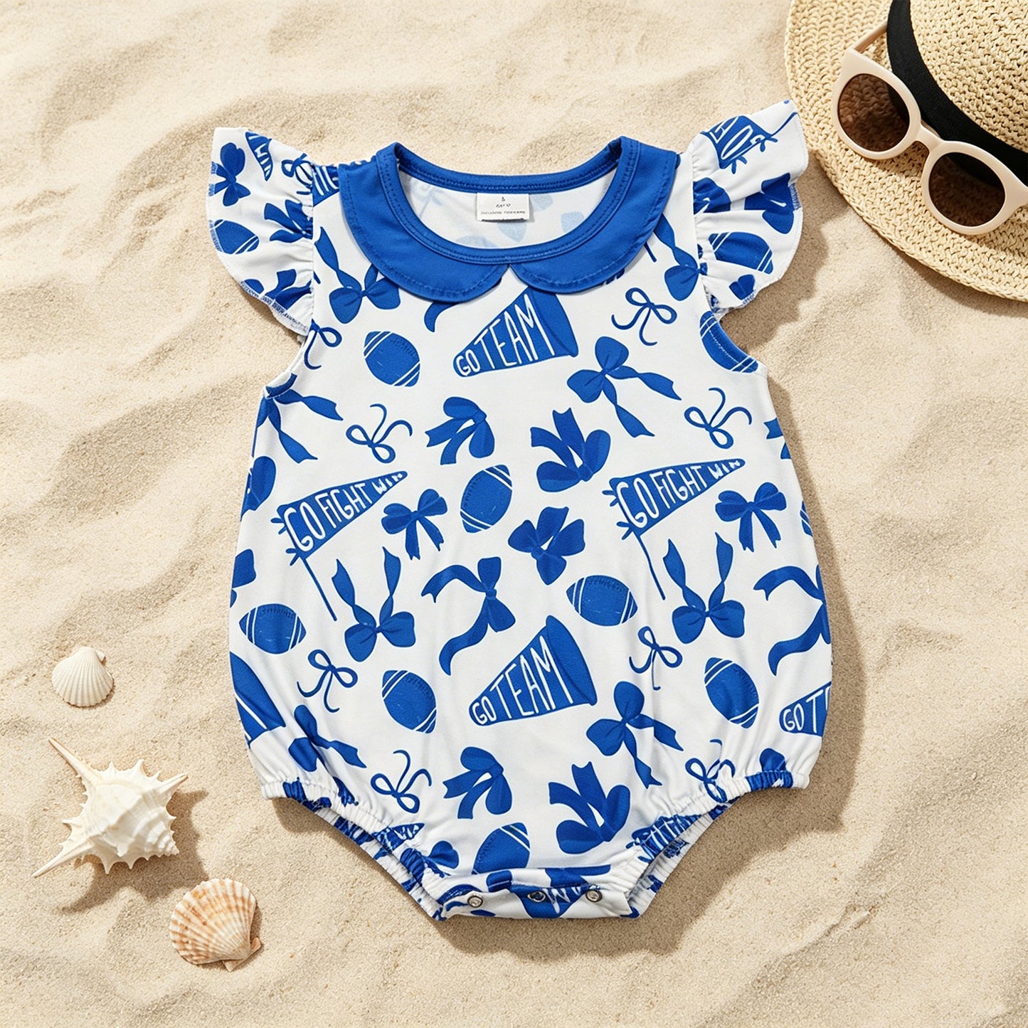 SR3192 RTS NO MOQ （In stock）Flutter sleeves football blue bow baby girls team romper