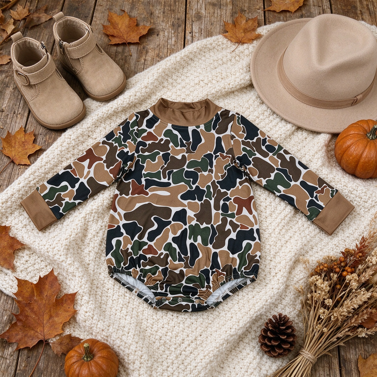 RTS NO MOQ （In stock）milk silk LR3261 Baby Boys High Neck Long Sleeve Dark Brown Camo Casual Rompers