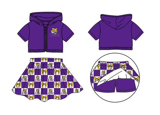 CUSTOM MOQ 5 Kids Clothing for Girls Baby Girls Purple Bow Hoodie Top Skirt Team Clothes Sets