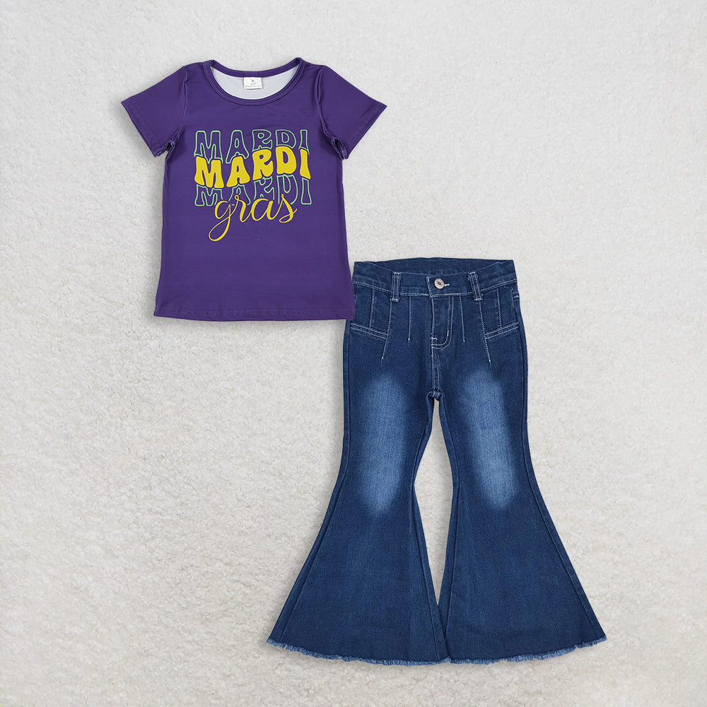 3.3 RTS NO MOQ （In stock）GT1253 + P0457 Baby Girls Summer Purple Short Sleeve Mardigras Tee Shirts Top Denim Jeans Pants Clothes Sets
