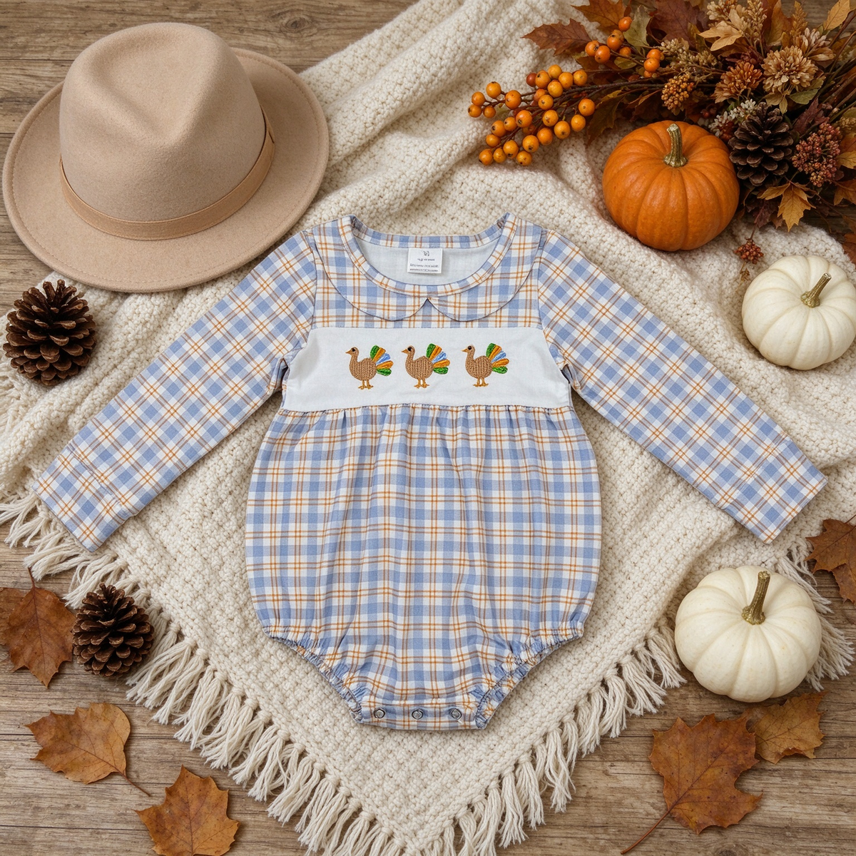 RTS NO MOQ （In stock）milk silk LR3132 Embroidery Turkey Baby girls Long Sleeve Thanksgivings Checked Rompers