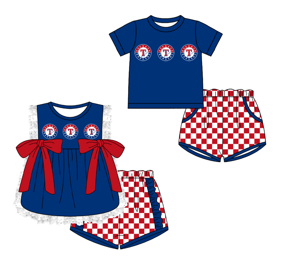 CUSTOM MOQ 5 Cute Comfortable Clothing For Kids Sibling Boys Baby Girls Summer Blue T Bow Top Checked Shorts Team Clothes Sets