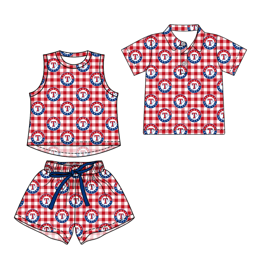 3.14 CUSTOM MOQ 5 Sibling Boys Baby Girls Summer Fashion Red Check T Sleeveless Top Shorts Button Polo Shirts Team Clothes Sets