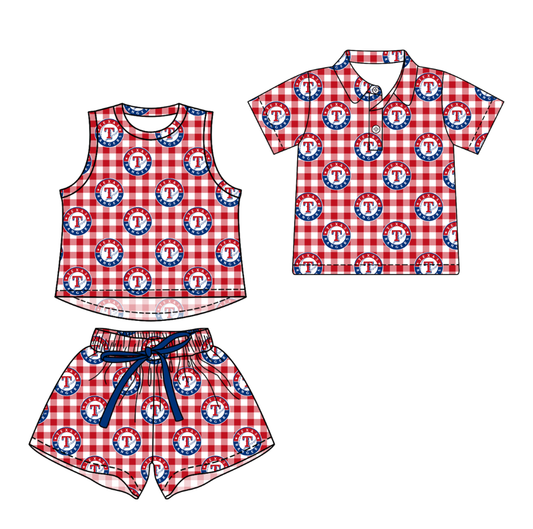 3.14 CUSTOM MOQ 5 Sibling Boys Baby Girls Summer Fashion Red Check T Sleeveless Top Shorts Button Polo Shirts Team Clothes Sets